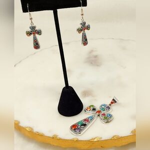 Best Silver And Multicolor Cross Pendant And Dangle Earrings Set